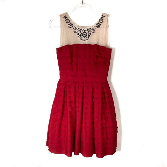 BCBGMaxAzria | Marina Rio Red Gem Illusion Ruffle Mini Dress S - Picture 1 of 7